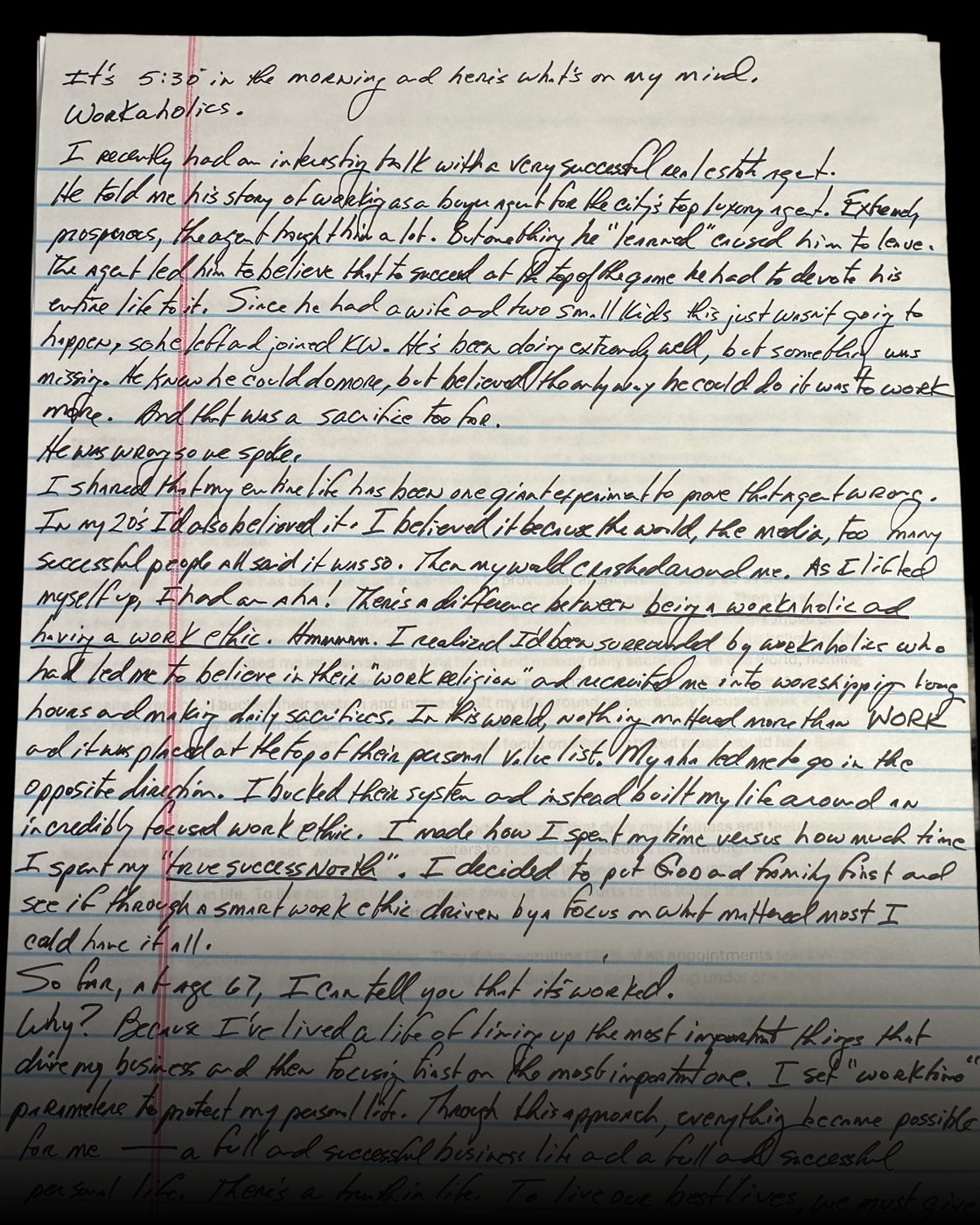 An image depicting a late-night hand-written letter from Gary Keller on notebook paper. Image is faded into a gradient at the bottom.