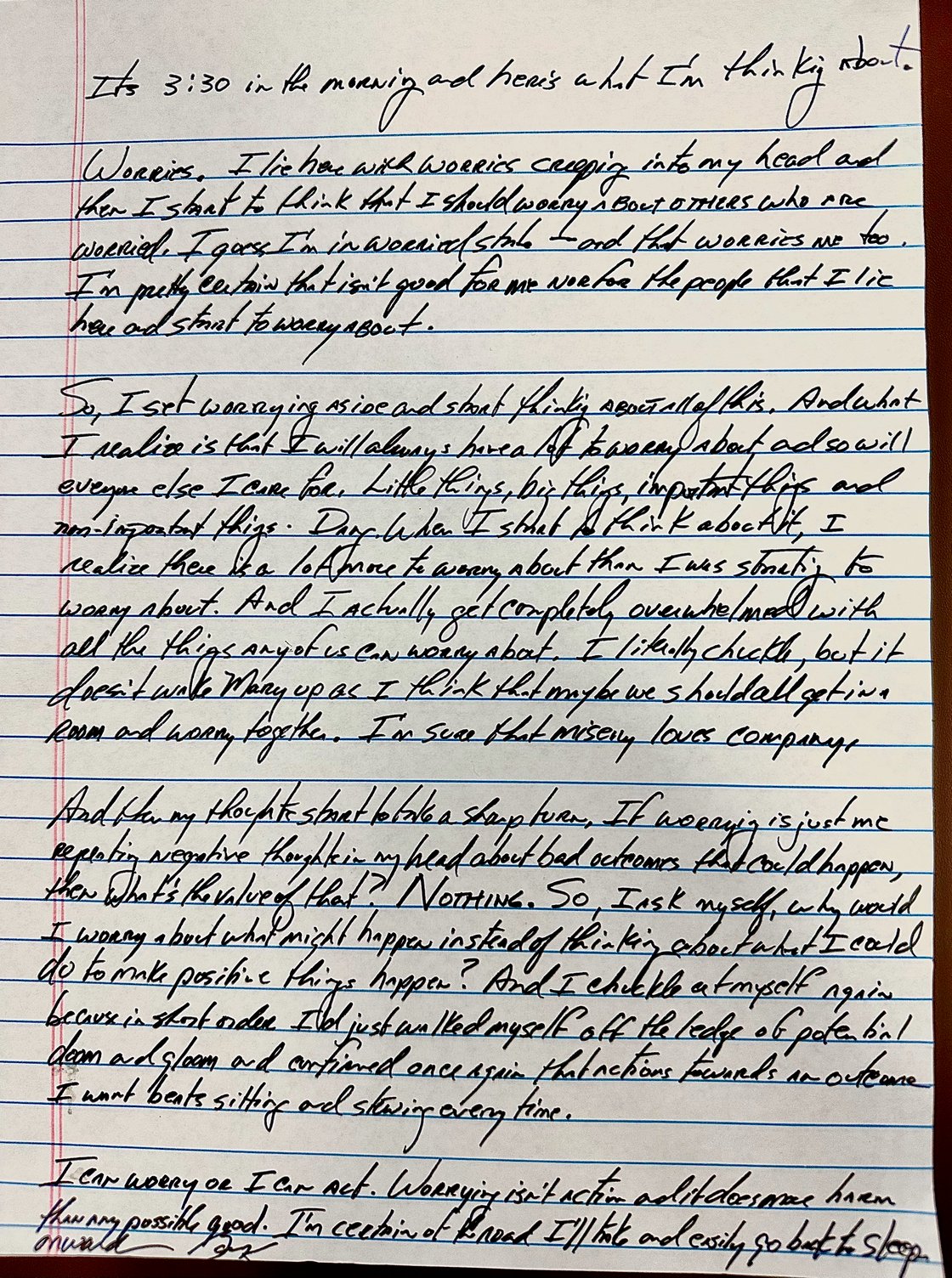 A handwritten note from Gary Keller about worries and how he can take worry and make it into action.