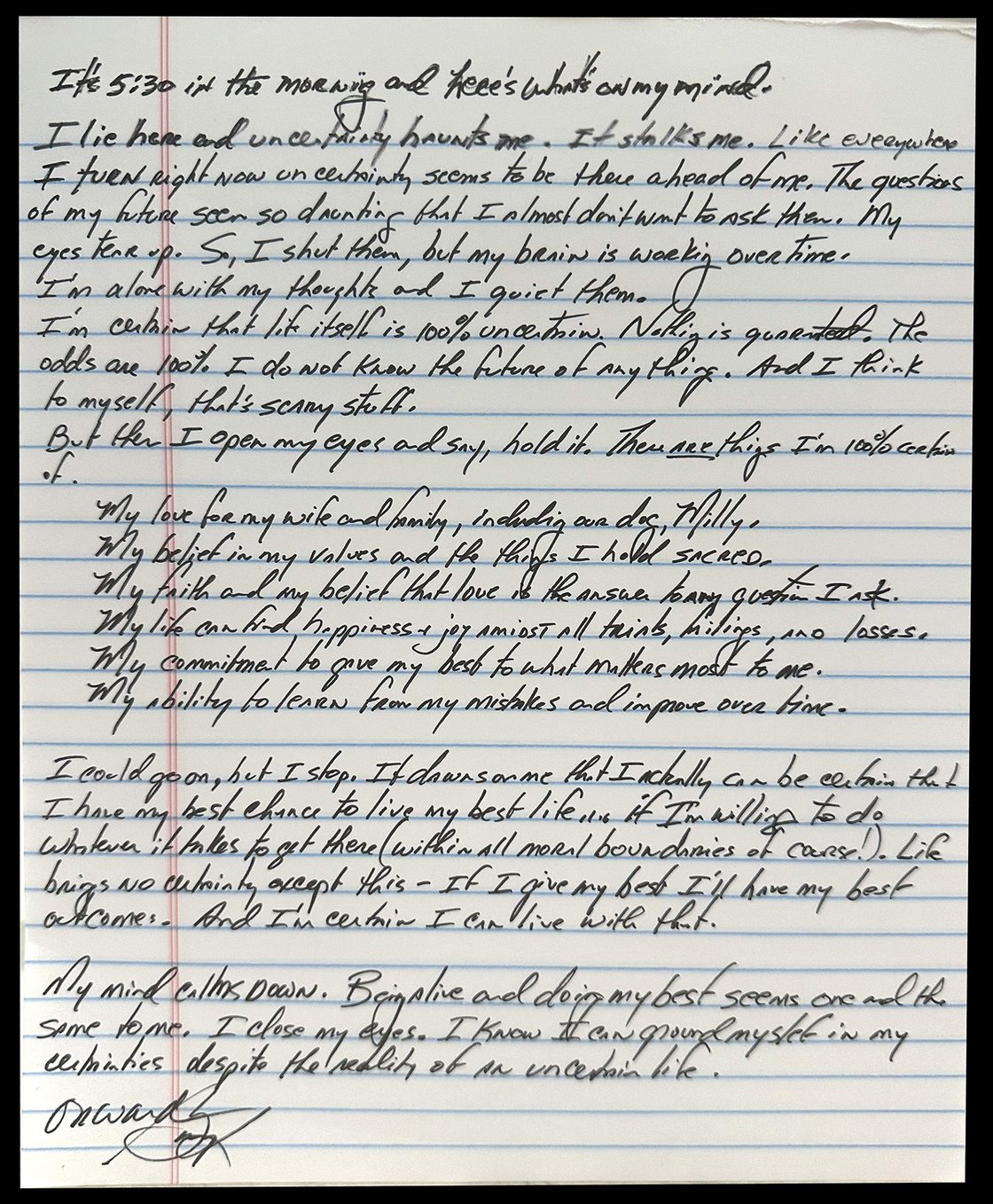 A handwritten note by Gary Keller about certainties in life, and how these certainties allow him to be confident and excited for a future he cannot predict.