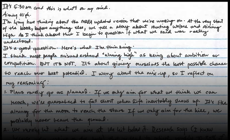 Gary's handwritten letter on "Aiming High"