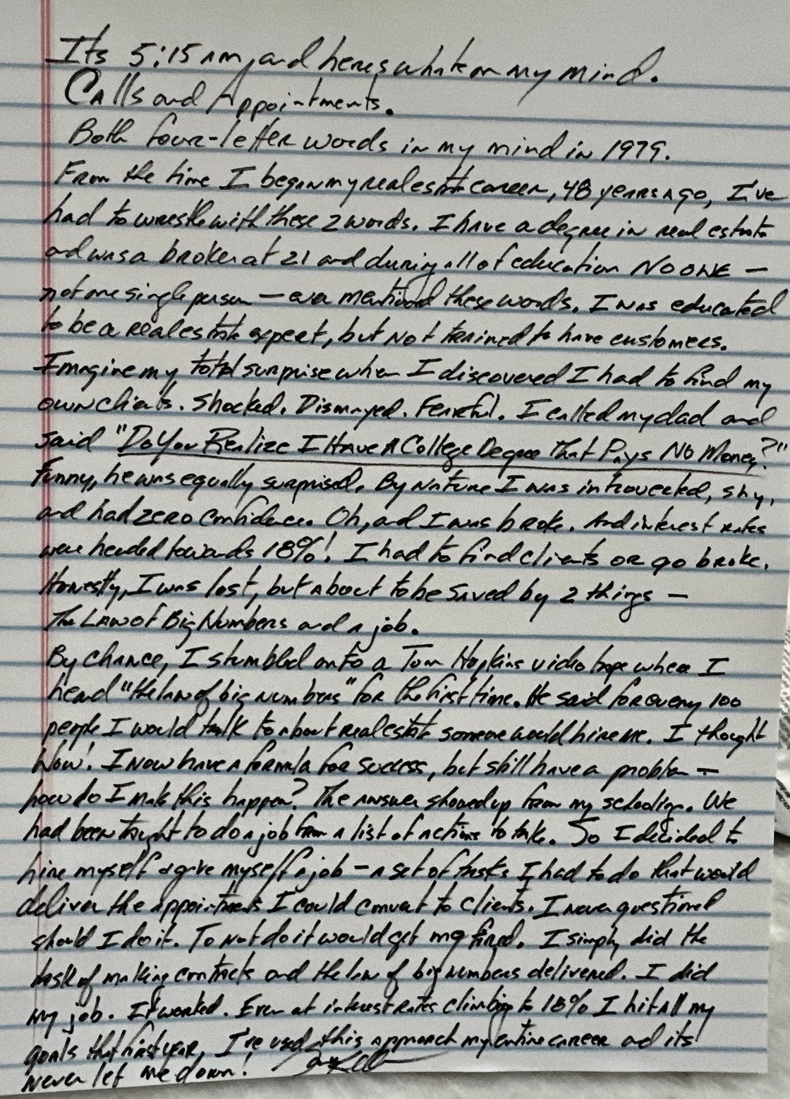 A note handwritten by Gary Keller discussing the impact of two words on the real estate business: Calls and Appointments.